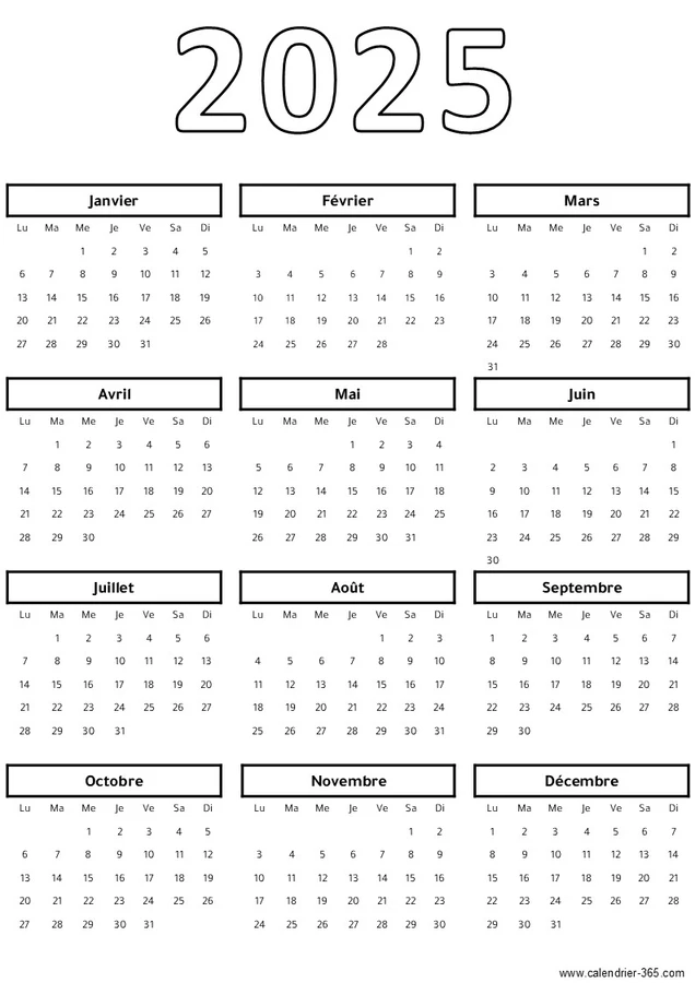 Calendrier 2025 Simple PDF