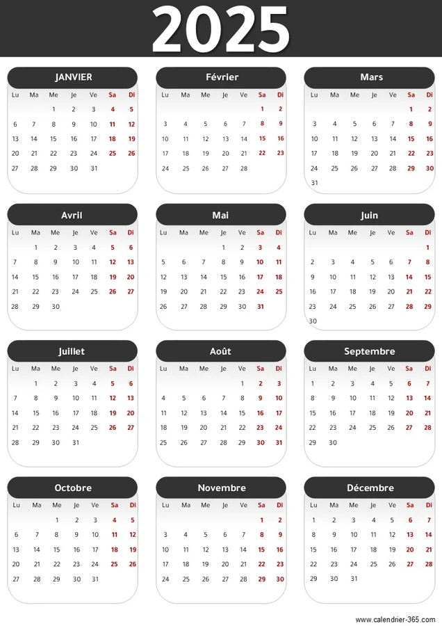 Calendrier 2025 Imprimable