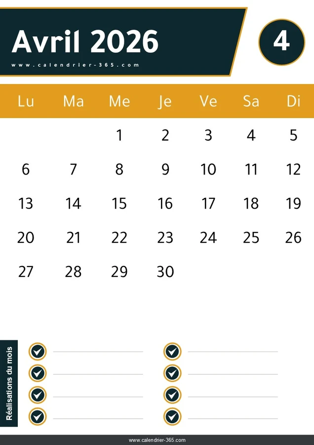 Calendrier avril 2026 PDF et JPG