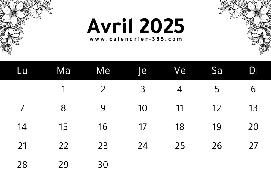 Calendrier Avril 2025 PDF