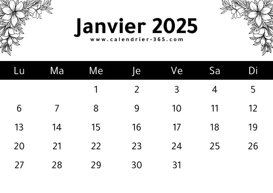 Calendrier janvier 2025