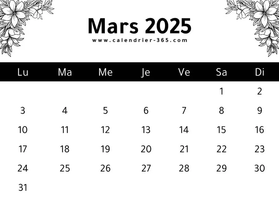 Calendrier Mars 2025