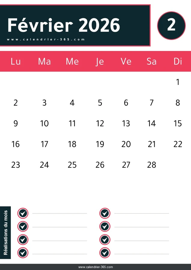 Calendrier Février 2026 PDF