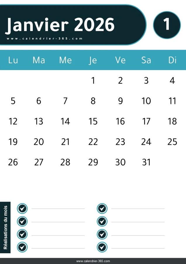 Calendrier Janvier 2026 PDF