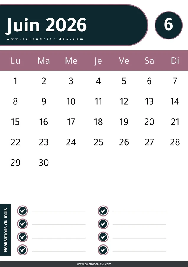 Calendrier juin 2026 PDF et JPGس