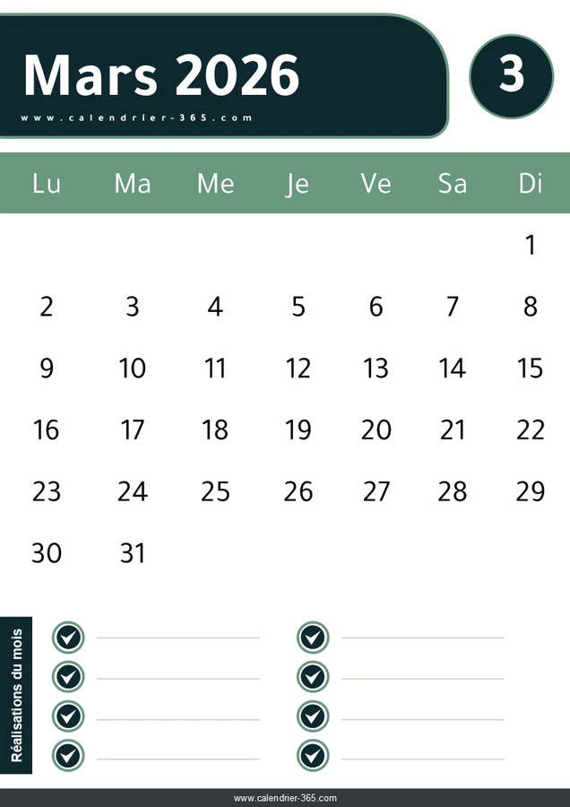 Calendrier Mars 2026 PDF et JPG